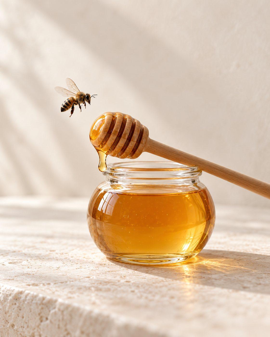 ظرف عسل با قاشق چوبی و زنبور، به یاد مندی، عسلِ مطب ما